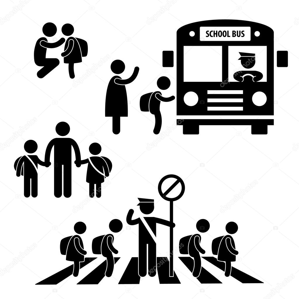 Student Pupil Children Back to School Bus Crossing Road Traffic Police Icon Symbol Sign Pictogram