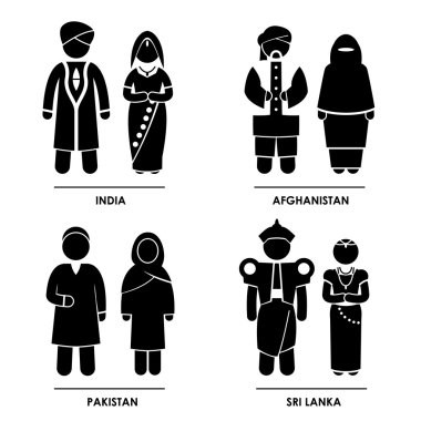 Güney Asya - Afganistan pakistan Hindistan sri lanka adam kadın Ulusal geleneksel kostüm elbise giyim simgesi simgesi işareti sembol