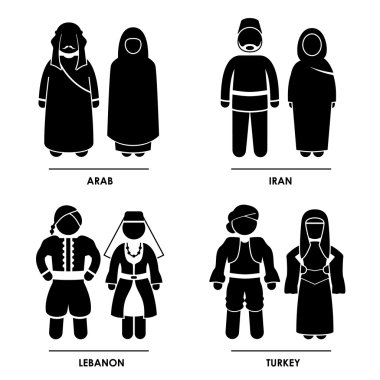 Batı Asya - Arap iran Lübnan Türkiye erkek kadın Ulusal geleneksel kostüm elbise giyim simgesi simgesi işaret piktogram