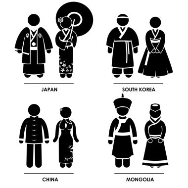 Doğu Asya - Japonya Güney Kore Çin Moğolistan adam kadın Ulusal geleneksel kostüm elbise giyim simgesi simgesi işareti sembol