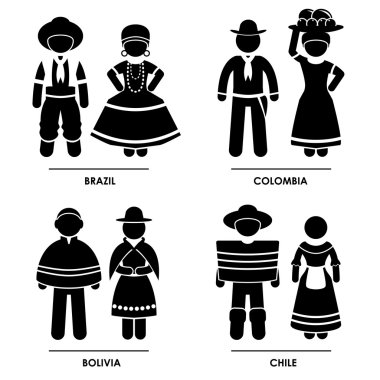 South America - Brazil Colombia Bolivia Chile Man Woman National Traditional Costume Dress Clothing Icon Symbol Sign Pictogram clipart