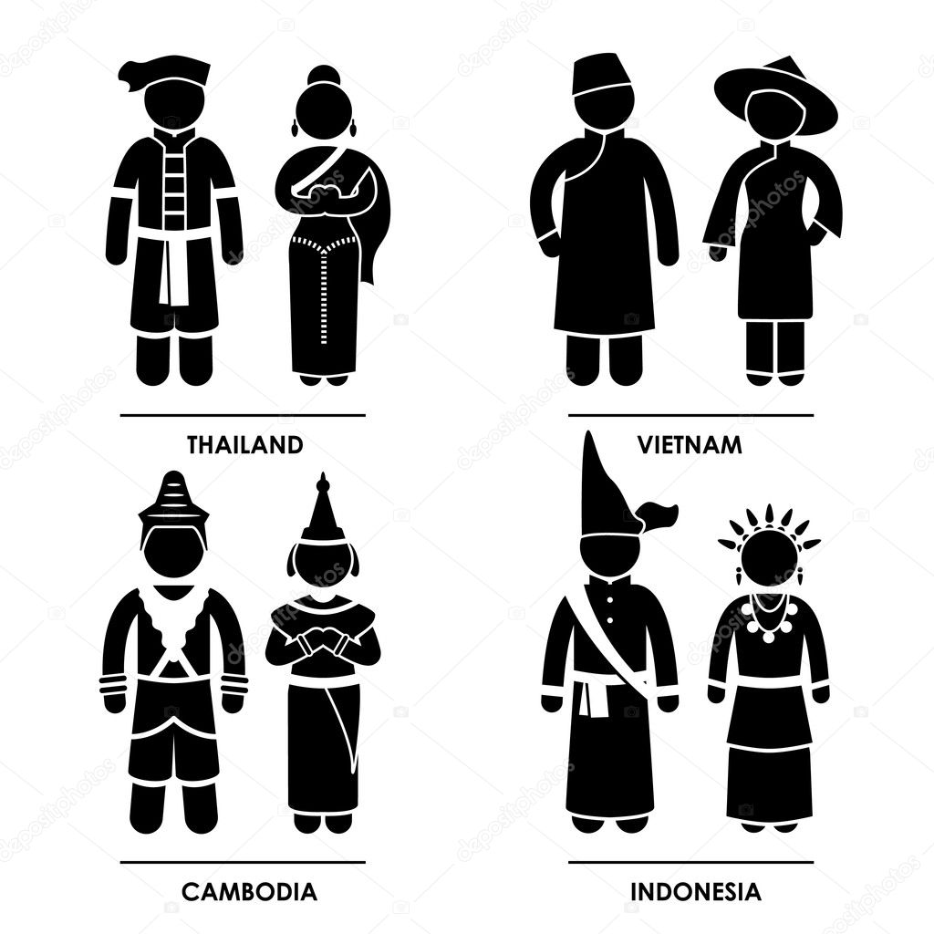 Southeast Asia - Thailand Vietnam Cambodia Indonesia Man Woman National Traditional Costume Dress Clothing Icon Symbol Sign Pictogram