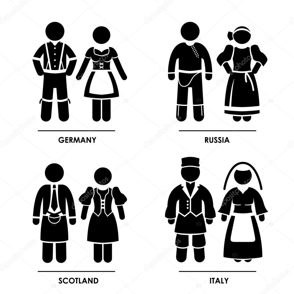 Europe - Germany Russia Scotland Italy Man Woman National Traditional Costume Dress Clothing Icon Symbol Sign Pictogram