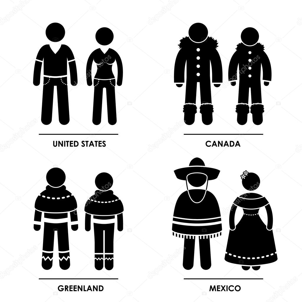 North America - United States Canada Greenland Mexico Man Woman National Traditional Costume Dress Clothing Icon Symbol Sign Pictogram