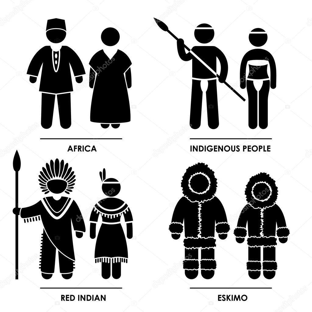 Africa Red Indian Eskimo Man Woman National Traditional Costume Dress Clothing Icon Symbol Sign Pictogram