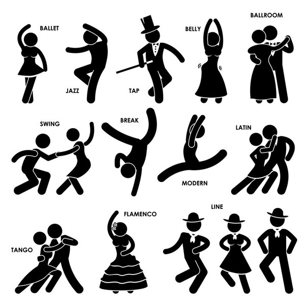 Dancing Dancer Jazz Tap Belly Ballroom Swing Break Modern Latin Tango Flamenco Line Stick Figure Pictogram Icon