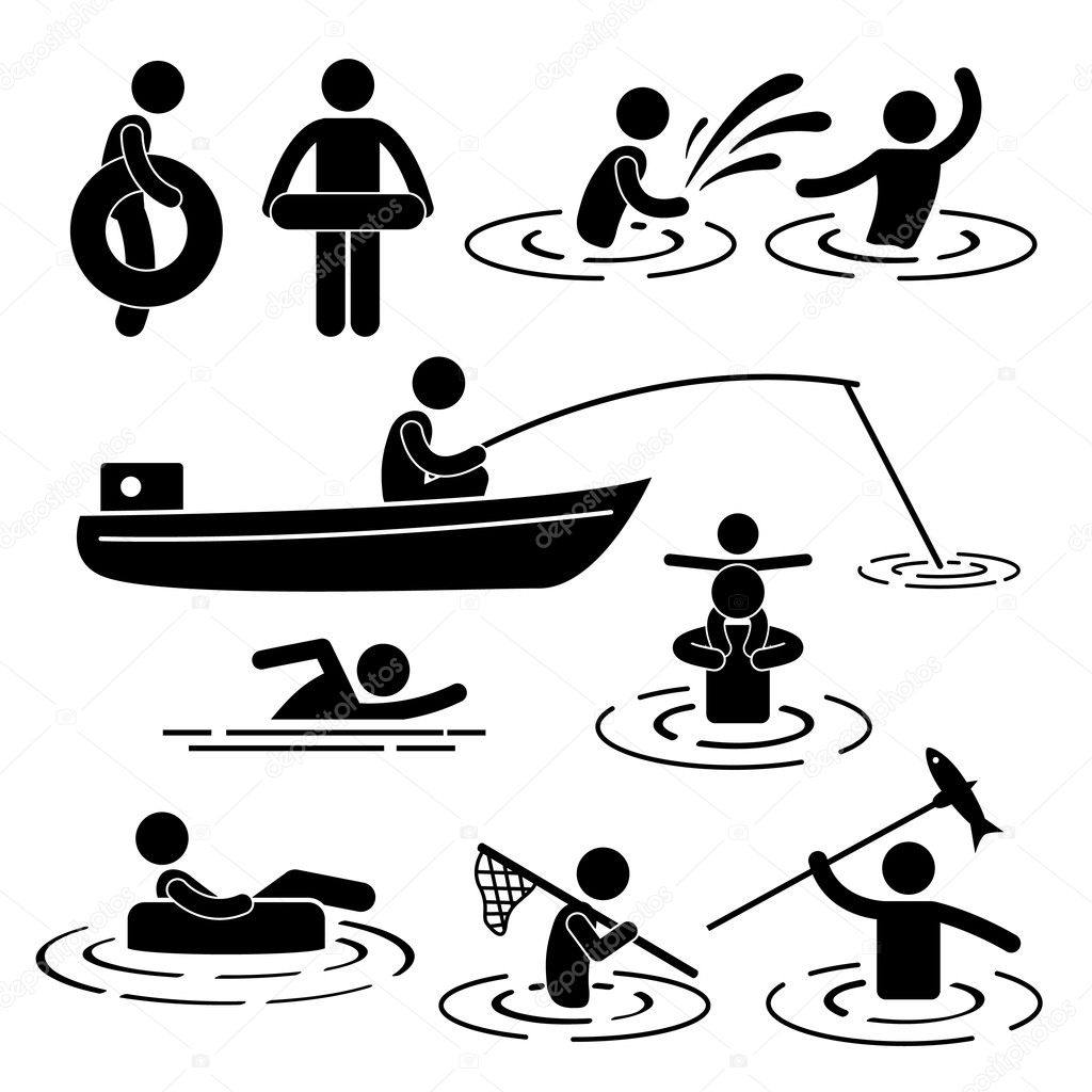 Children Leisure Swimming Fishing Playing at River Water Stick Figure Pictogram Icon