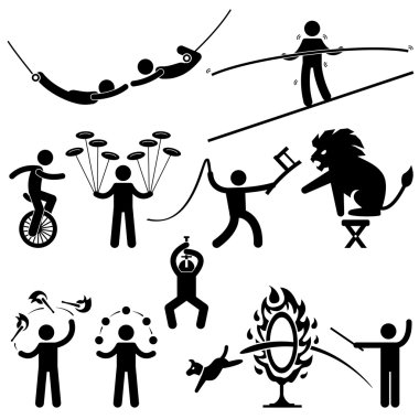 Circus Oyuncular acrobat dublör hayvan adam sopa rakam piktogram simgesi