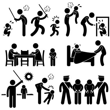 Family Abuse Children Hitting Confine Sexual Harassment Stick Figure Pictogram Icon vector