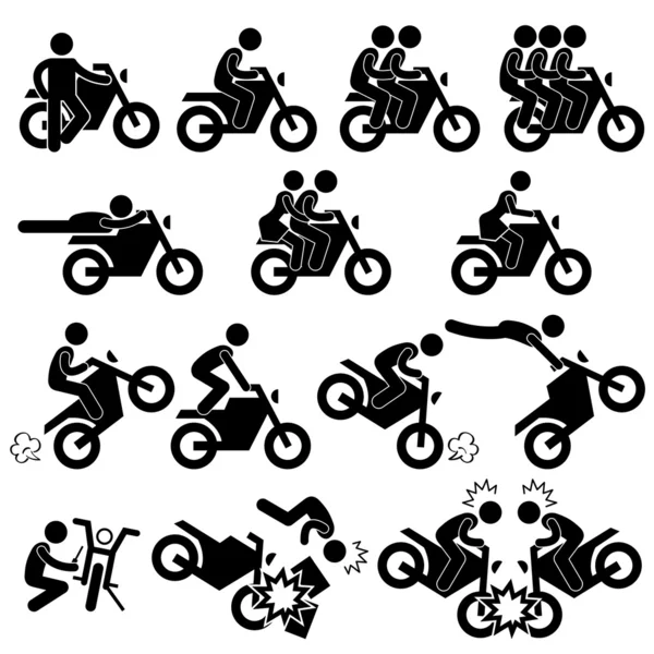 Moto Moto Moto Moto acrobazia Uomo Daredevil Stick Figura Pittogramma Icona — Vettoriale Stock