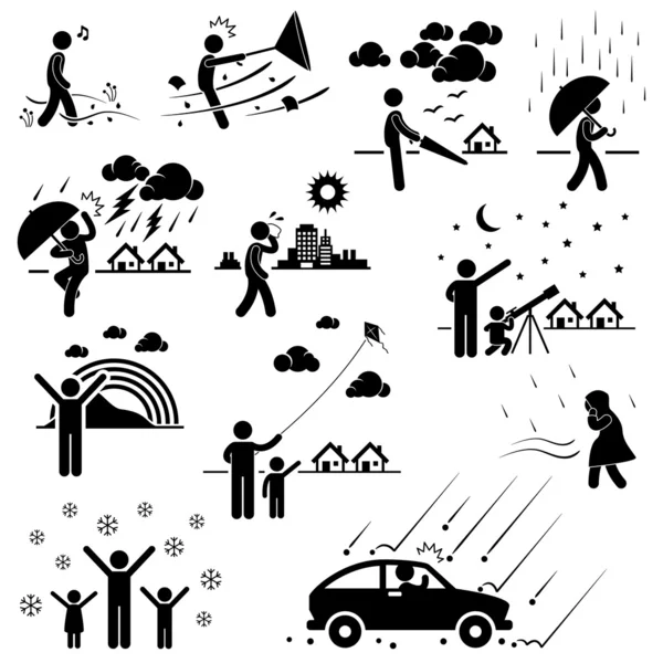 Klima atmosféru prostředí meteorologie sezóny muž panáček piktogram ikony počasí — Stockový vektor