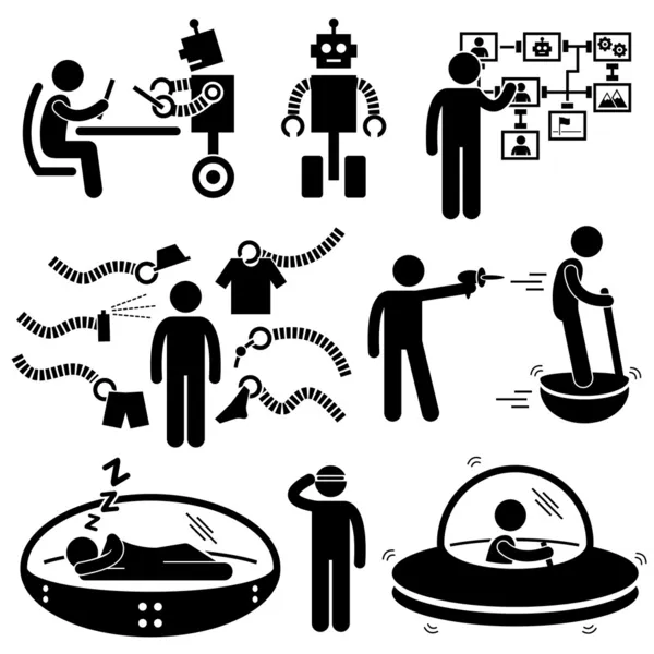 People of the Future Robot Technology Stick Figure Pictogram Icon — Stok Vektör