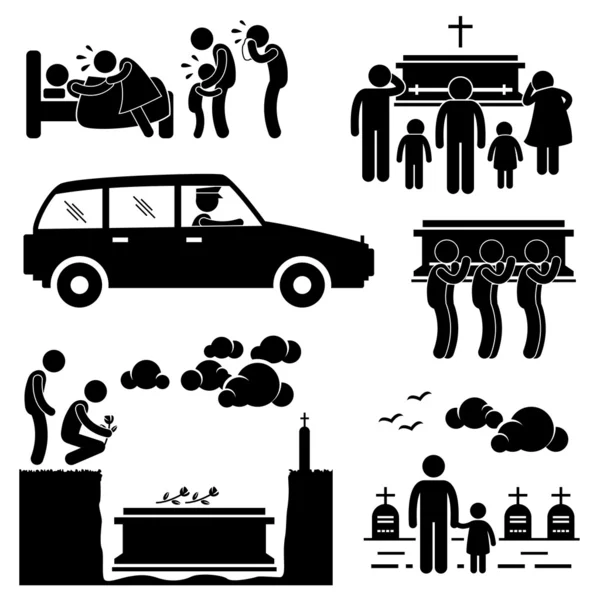 Homme enterrement enterrement cercueil mort mort bâton figure pictogramme icône — Image vectorielle