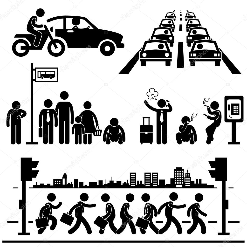 Urban City Life Metropolitan Hectic Street Traffic Busy Rush Hour Man Stick Figure Pictogram Icon