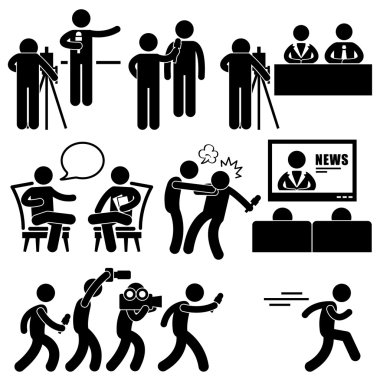 Haber muhabiri çapa kadın newsroom adam talk-show host sopa rakam piktogram simgesi