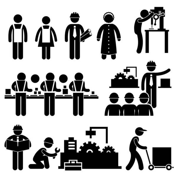 Factory Worker Engineer Manager Supervisor Working Stick Figure Pictogram Icon — Stock Vector