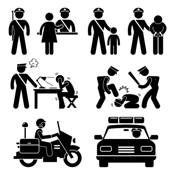 Police Station Policeman Motorcycle Car Report Interrogation Stick Figure Pictogram Icon