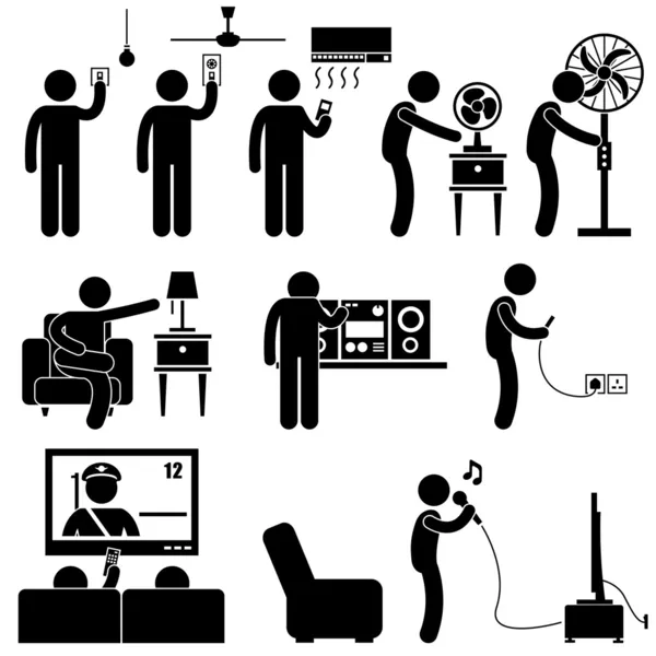 Mann mit Haushaltsgeräten Unterhaltung Freizeit Elektronikgeräte Strichmännchen-Symbol — Stockvektor