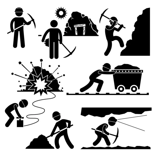 Mining Worker Miner Labor Stick Figure Pictogram Icon — Stock Vector