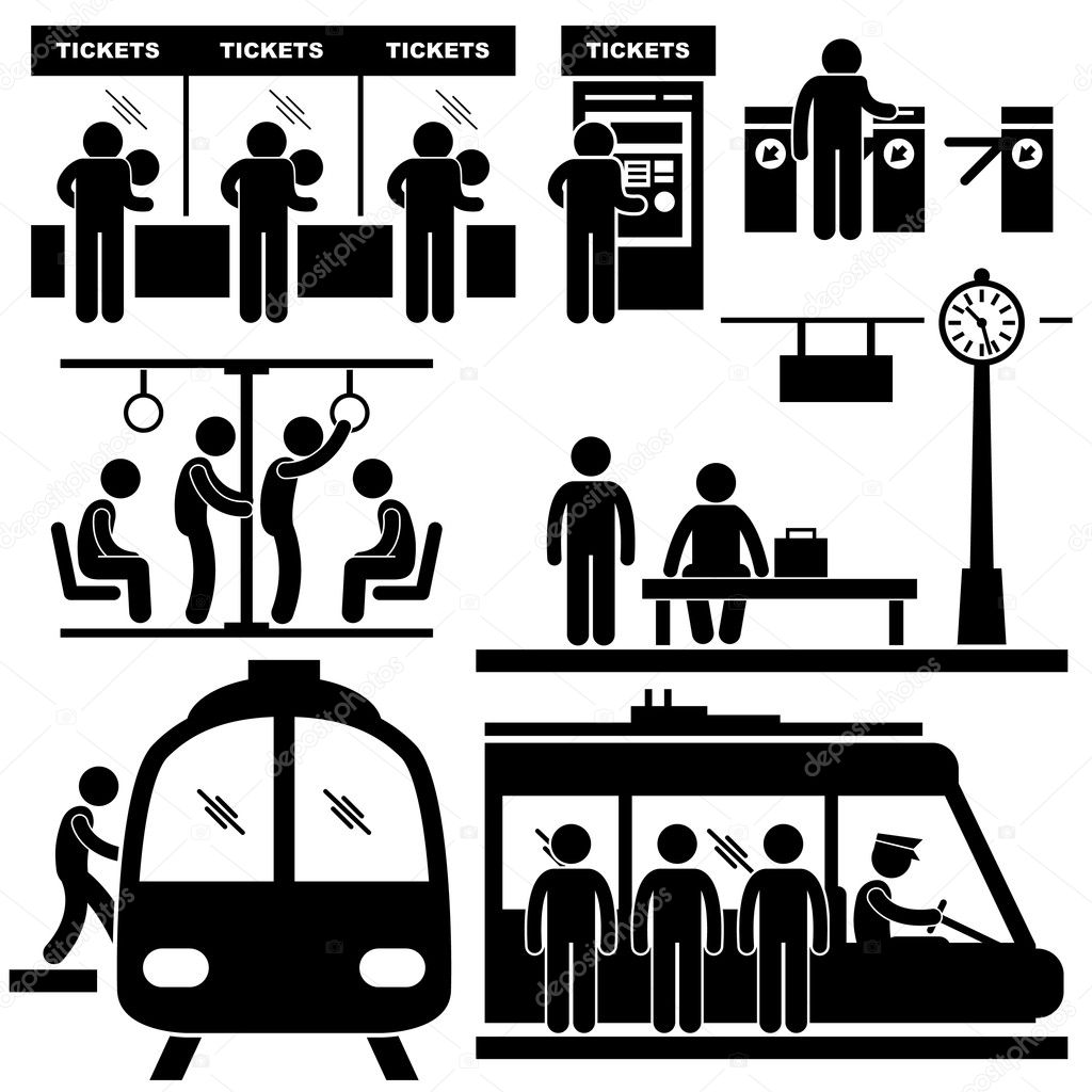 Train Commuter Station Subway Man Passengers Stick Figure Pictogram Icon