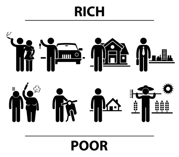 Icône de pictogramme de bâton de concept de différences financières d'homme riche et pauvre — Image vectorielle