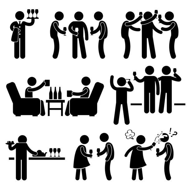 鸡尾酒会的男人朋友聚会享受葡萄酒啤酒棍子图象形图图标 — 图库矢量图片