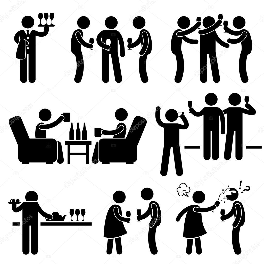 Cocktail Party Man Friend Gathering Enjoying Wine Beer Stick Figure Pictogram Icon