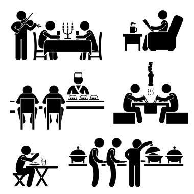 Restaurant Cafe Food Drink Candlelight Dinner Coffee Shop Japanese Sushi Korean BBQ Buffet Stick Figure Pictogram Icon