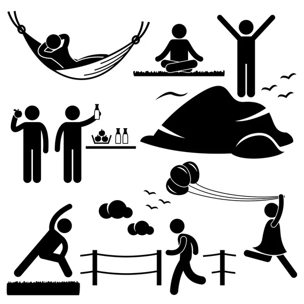 Man Woman Healthy Living Relaxing Wellness Lifestyle Stick Figure Pictogram Icon — Stock Vector