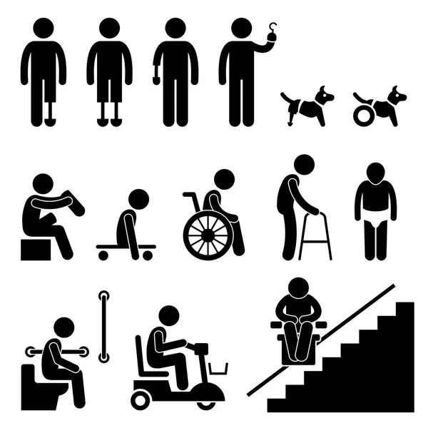 Geamputeerde handicap uitschakelen man gereedschappictogram apparatuur stok figuur pictogram — Stockvector