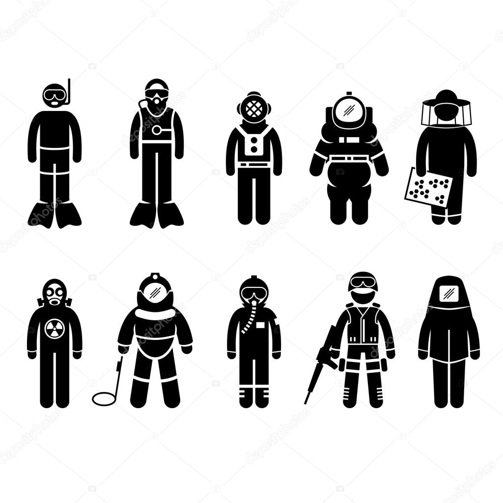 Scuba Diving Dive Deep Sea Spacesuit Biohazard Beekeeper Nuclear Bomb Airforce SWAT Volcano Protective Suit Gear Uniform Wear Stick Figure Pictogram Icon