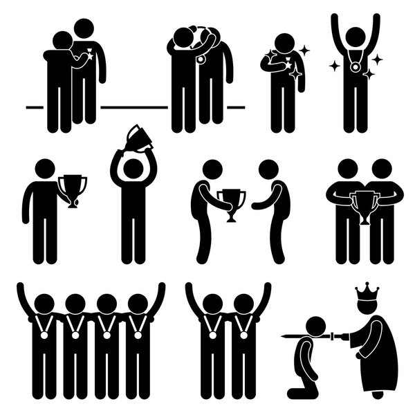Man Receiving Award Trophy Medal Reward Prize Knighted Honour Honor Ceremony Event Stick Figure Pictogram Icon