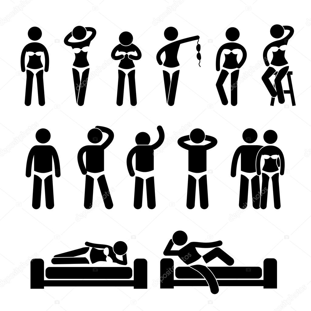 Set of man drawing, different poses, stick figure people pictogram