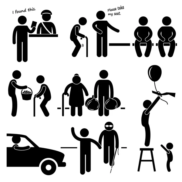 Kind Good Hearted Man Helping People Stick Figure Pictogram Icon — Stock Vector