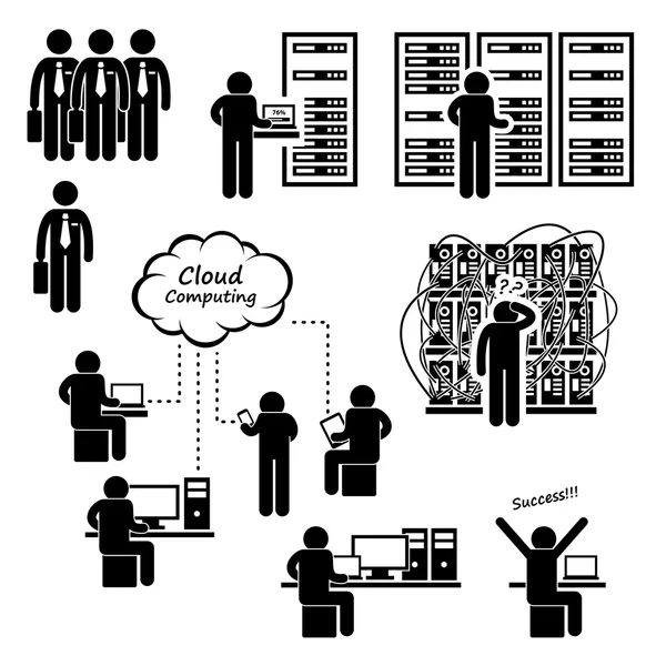 Informaticien Technicien Admin Serveur réseau informatique Data Center Cloud Computing Stick Figure Pictogramme Icône — Image vectorielle