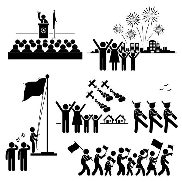 Mensen vieren nationale dag onafhankelijkheid patriottische vakantie stok figuur pictogram pictogram — Stockvector