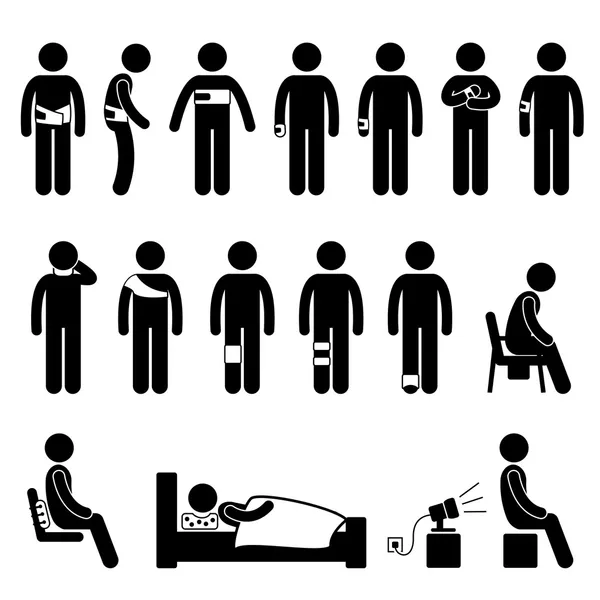 Menschlicher Körper Unterstützung Ausrüstung Werkzeuge Verletzung Schmerz Stick Figur Piktogramm Ikone — Stockvektor