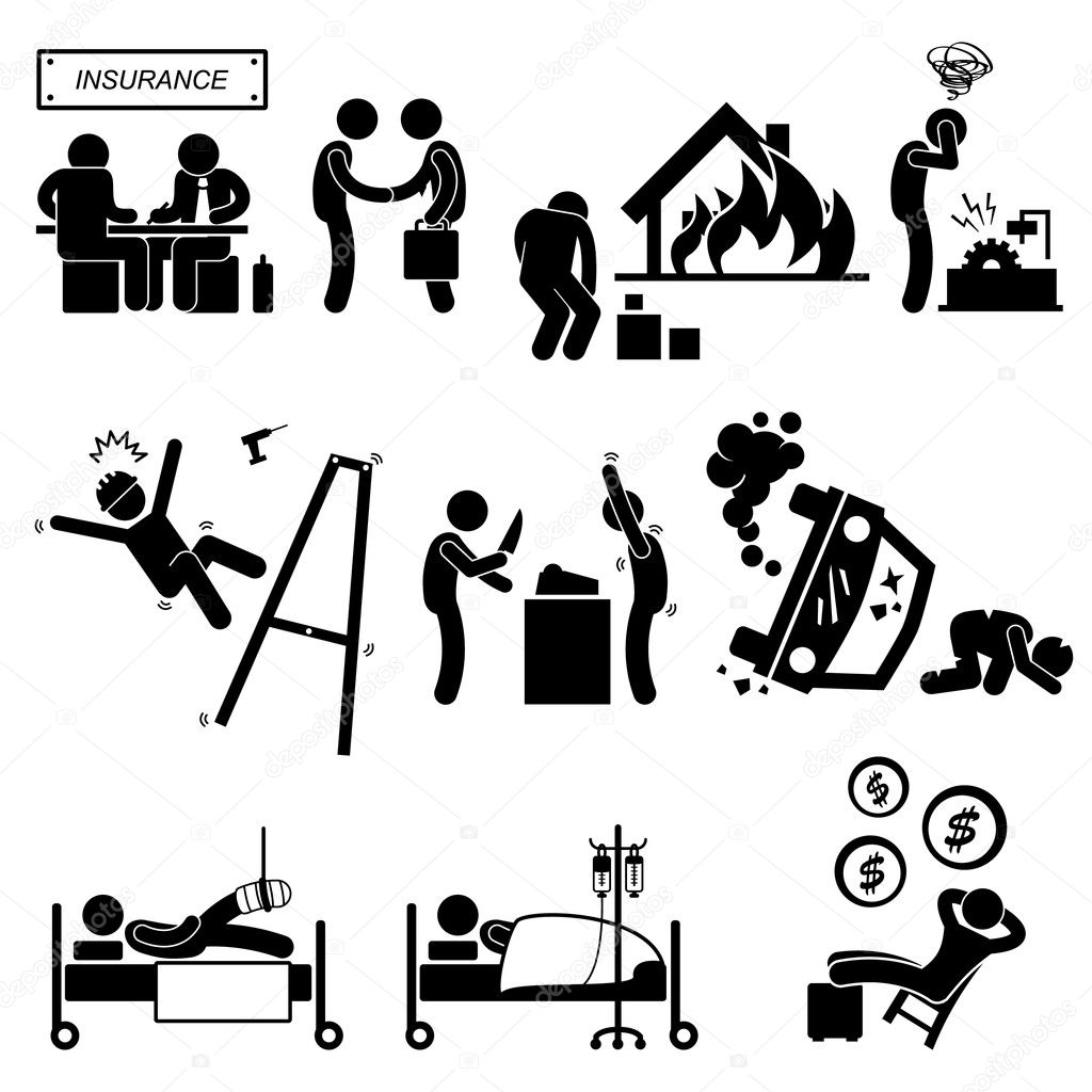 Insurance Agent Property Accident Robbery Medical Coverage Relieve Stick Figure Pictogram Icon