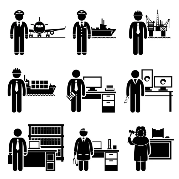 Emplois professionnels à revenu élevé Carrières Pilote aérien, capitaine de navire, ingénieur de plate-forme pétrolière, logisticien, comptable agréé, directeur créatif, avocat, médecin, juge — Image vectorielle