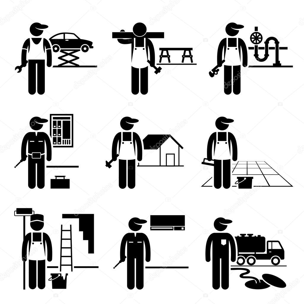 Handyman Labor Labour Skilled Jobs Occupations Careers - Car Mechanic, Carpenter, Plumber, Electrician, Roofer, Flooring, Painter, Air Conditioner Man, Septic Tank Service