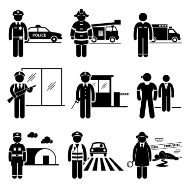 Public Safety and Security Jobs Occupations Careers - Police, Firefighter, EMT, Security Guard, Watchman, Bodyguard, Soldier, Traffic Officer, Detective - Stick Figure Pictogram clipart