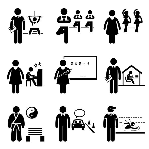 Instructeur trainer leraar banen beroepen carrière - gym, yoga, dans, muziek, schoolleraar, huis tutor, martial arts, rijden, te zwemmen coach - stok figuur pictogram — Stockvector