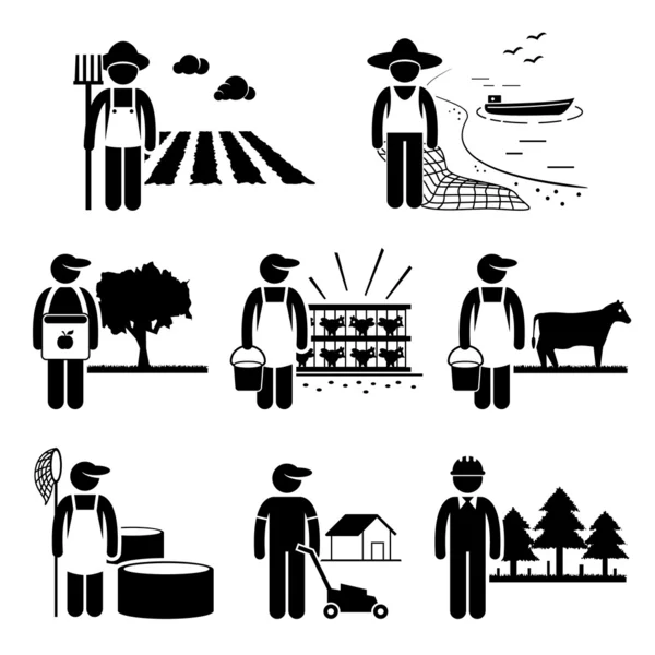 Kümes hayvanları balıkçılık işleri meslek kariyer - çiftçi, balıkçı, Hayvancılık, bahçıvan, orman - stick şekil piktogram tarım tarım ekimi — Stok Vektör