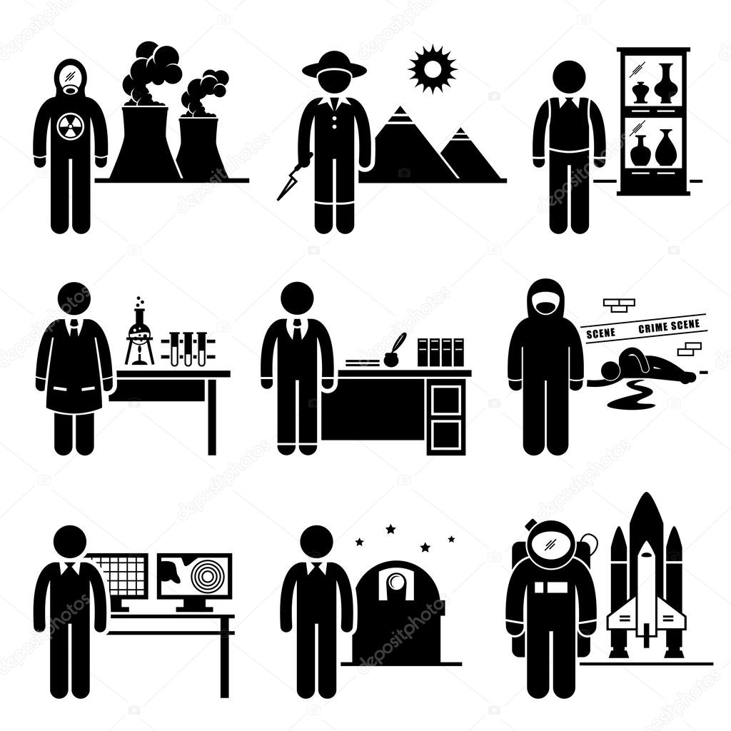 Scientist Professor Jobs Occupations Careers - Nuclear, Archaeologists, Museum Curator, Chemist, Historian, Forensic, Meteorologist, Astronomer, Astronaut - Stick Figure Pictogram