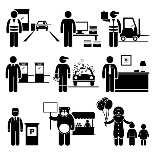 Ocupaciones de empleos de clase baja pobres - Colector de cabina de peaje, Entrada de datos, Trabajador de almacén, Asistente de entradas, Lavado de autos, Contador de vestíbulo, Servicio de aparcacoches, Mascota, Payaso - Pictograma de figura de palo — Vector de stock