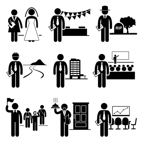 Administrative Management Services Jobs Occupations Careers - Wedding Planner, Event, Undertaker, Landscaper, Property Manager, Conference, Tour Guide, Butler, Meeting - Stick Figure Pictogram