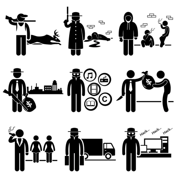 Attività illecite Lavoro nero Occupazioni Lavora con noi - bracconieri, Assassini, spacciatori, gangster, pirateria, strozzini, protettori, contrabbandieri, hacker - Stick Figure Pictogram — Vettoriale Stock