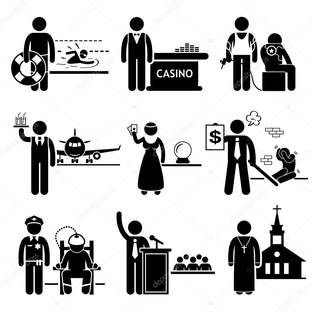 Special Jobs Occupations Careers - Swimming Lifeguard, Casino Dealer, Tattoo Artist, Air Steward, Fortune Teller, Debt Collector, Politician, Prison Warden, Priest - Stick Figure Pictogram