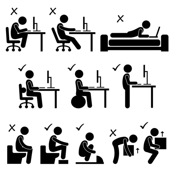 Good and Bad Human Body Posture Stick Figure Pictogram Icon — Stock Vector