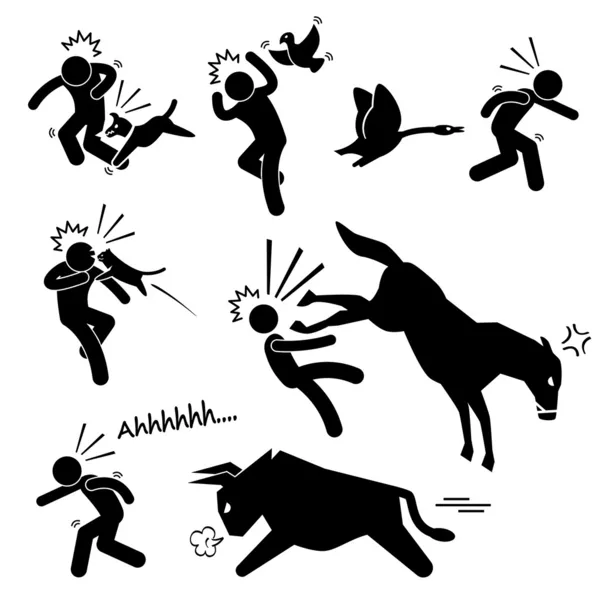 Domestic Animal Attacking Hurting Human Stick Figure Pictogram Icon — Stock Vector